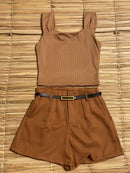 kit  Feminino 4 itens: 2 Croppeds Canelados + Cinto+ Short em Alfaiataria Com  Bolsos