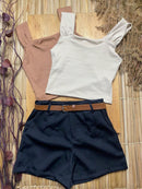 kit  Feminino 4 itens: 2 Croppeds Canelados + Cinto+ Short em Alfaiataria Com  Bolsos