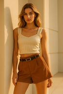 kit  Feminino 4 itens: 2 Croppeds Canelados + Cinto+ Short em Alfaiataria Com  Bolsos