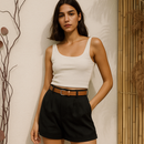 kit  Feminino 4 itens: 2 Croppeds Canelados + Cinto+ Short em Alfaiataria Com  Bolsos