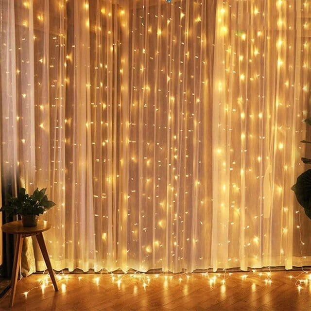 Cortina de Luz de Led com 300 Luzes e 8 Modos para Natal Casa e Jardim - Cortina de Luz de Led com 300 Luzes e 8 Modos para Natal KITO MAGAZINE Amarelo - Quente 3 Metros - 300 Leds 