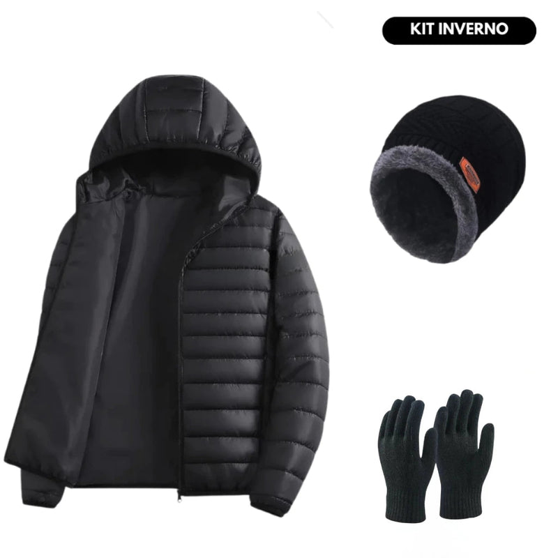 Kit Inverno Luva +Touca com gorro + Jaqueta Puffer