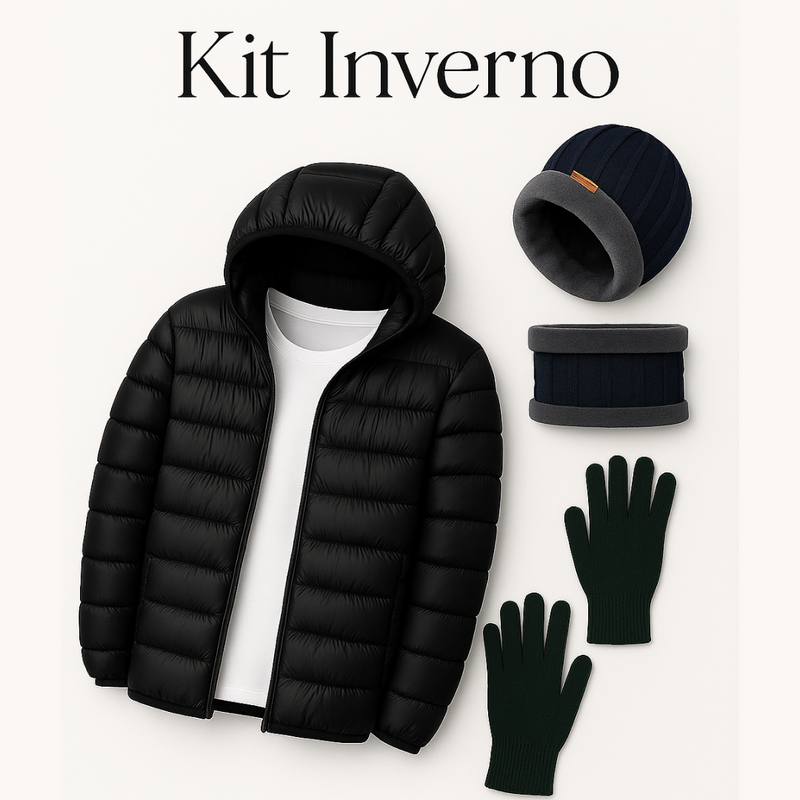 Kit Inverno Luva +Touca com gorro + Jaqueta Puffer
