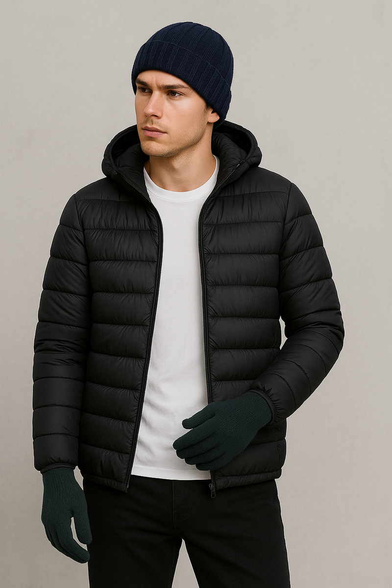 Kit Inverno Luva +Touca com gorro + Jaqueta Puffer