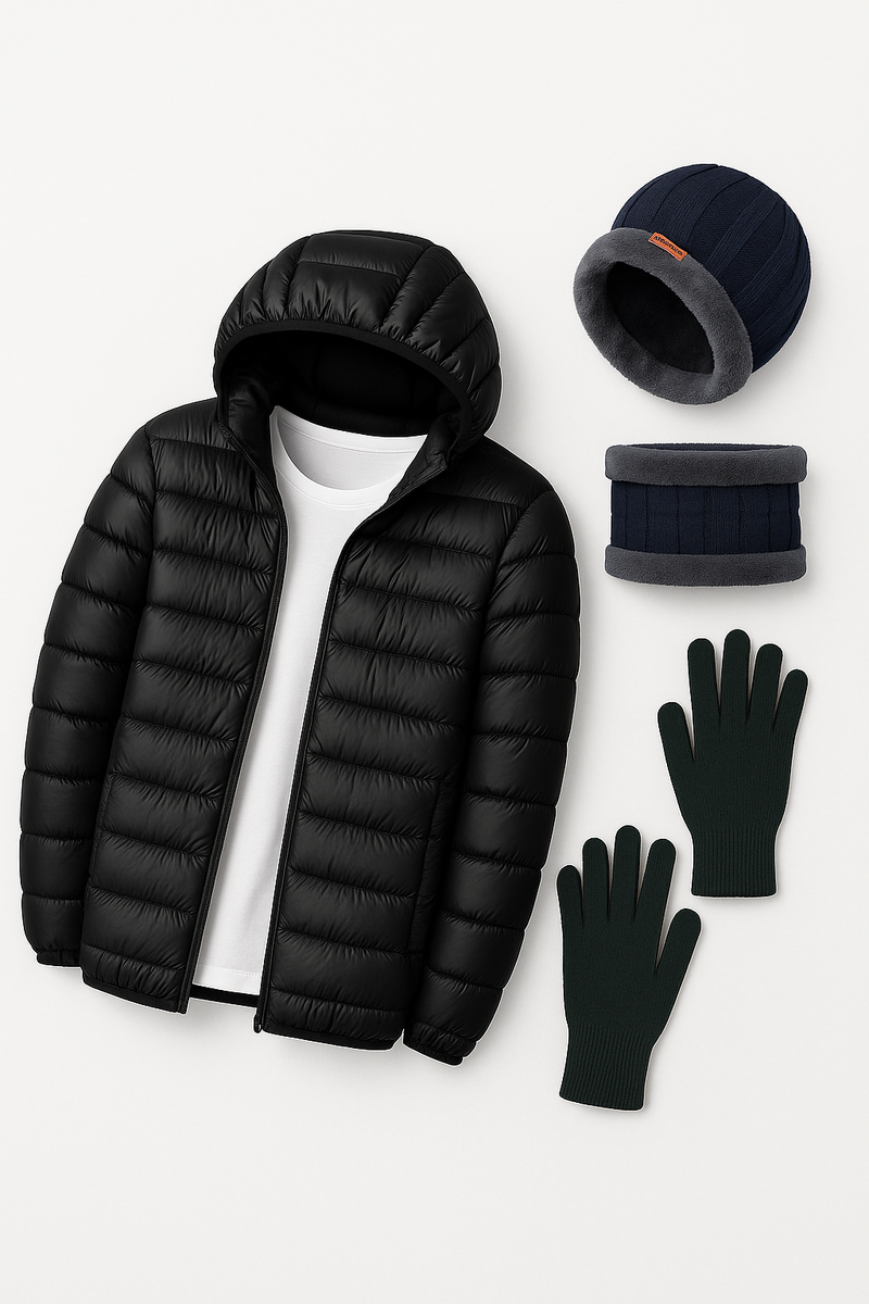 Kit Inverno Luva +Touca com gorro + Jaqueta Puffer