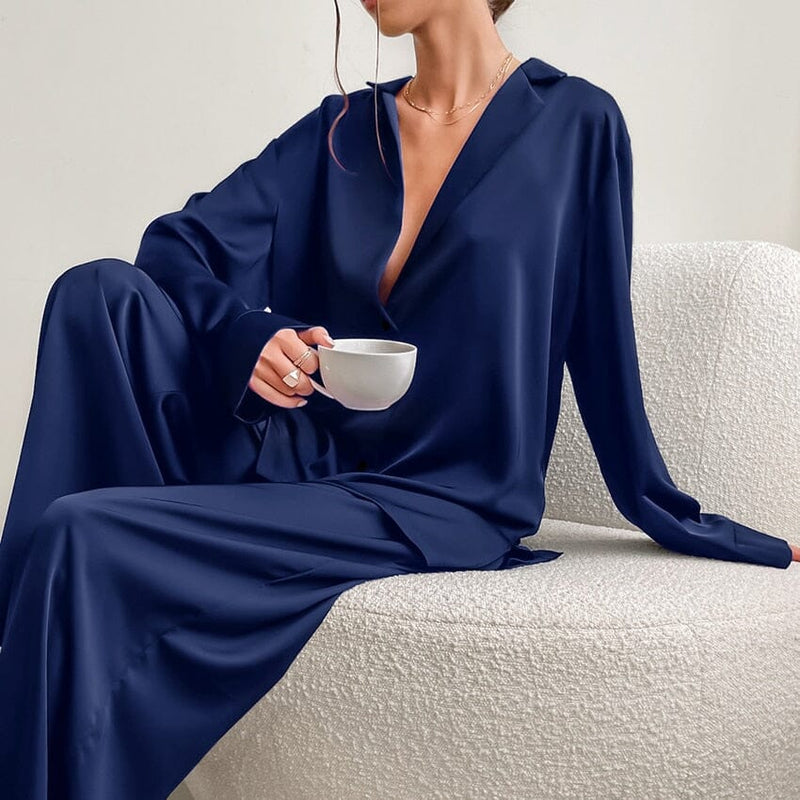 Pijama Manga Longa Feminino Cetim - Eve Quarto - 30 KITO MAGAZINE Azul Escuro P 